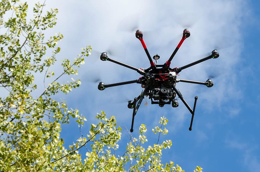 black and red drone near tree, hexacopter, uav, rpas, aircraft
