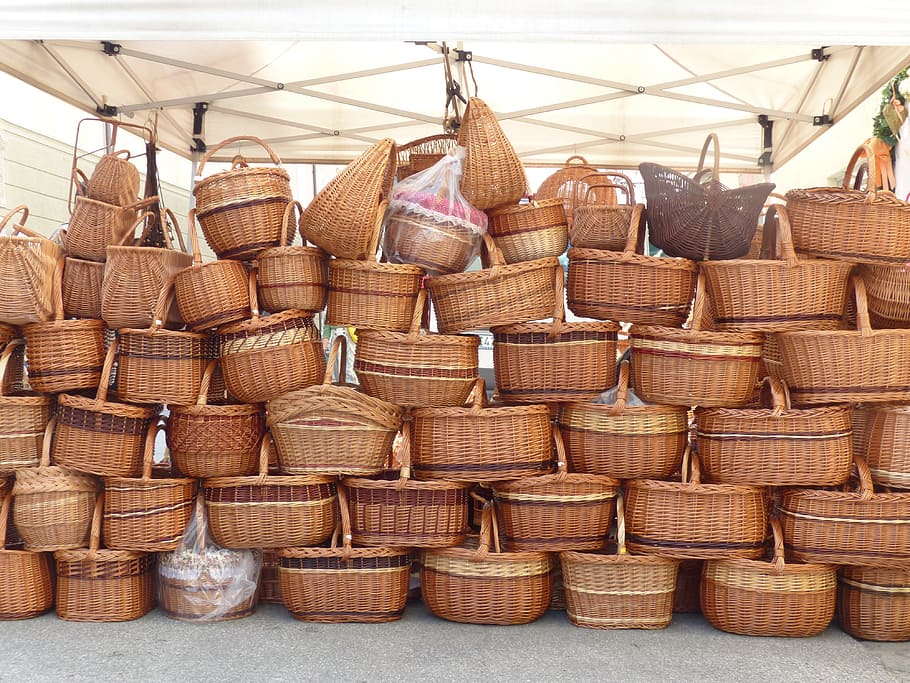 brown wicker basket lot piled inside white canopy tent, Baskets, HD wallpaper