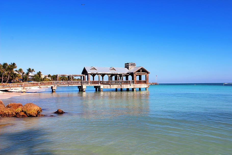 wooden dock beside the beach, key west, florida, florida keys, HD wallpaper