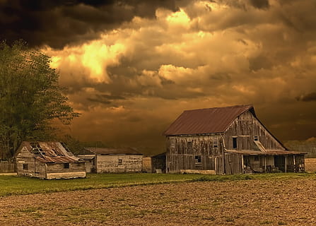 brown houses near green field, barn, rustic, barns, ohio, digital art HD wallpaper