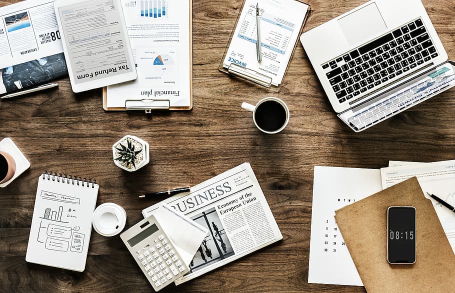 white mug on top of table near laptop and smartphone, paper HD wallpaper