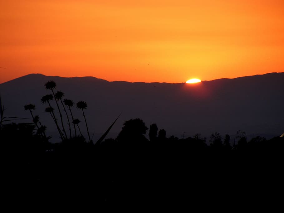 sunset, mountain, sky, red, orange, fire, beauty in nature HD wallpaper