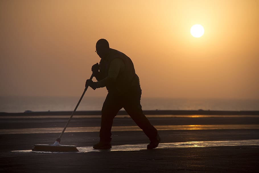 silhouette photography of man mopping a ground, scrubbing, maintenance HD wallpaper