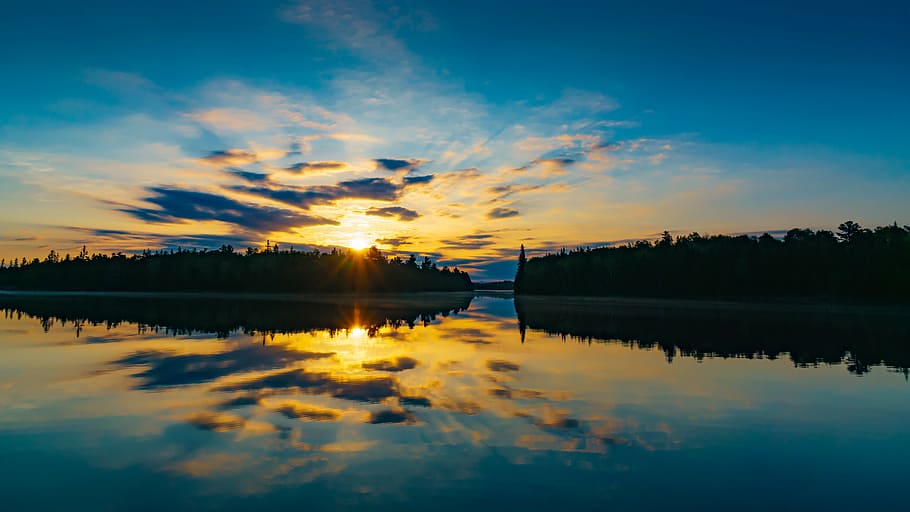 blue sky, clouds, dawn, dusk, idyllic, lake, nature, peaceful HD wallpaper