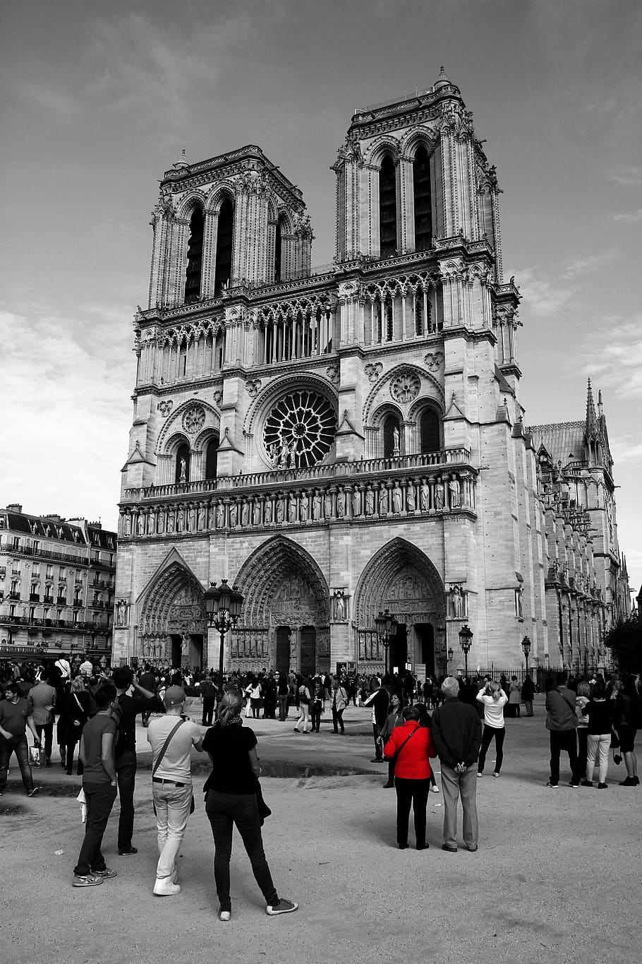 selective color photography of people standing in front of Notre Dame in France, HD wallpaper