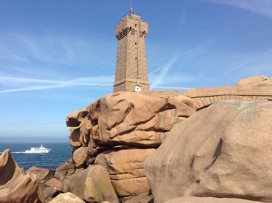 Lighthouse, Ship, Brittany, history, architecture, sky, travel destinations HD wallpaper