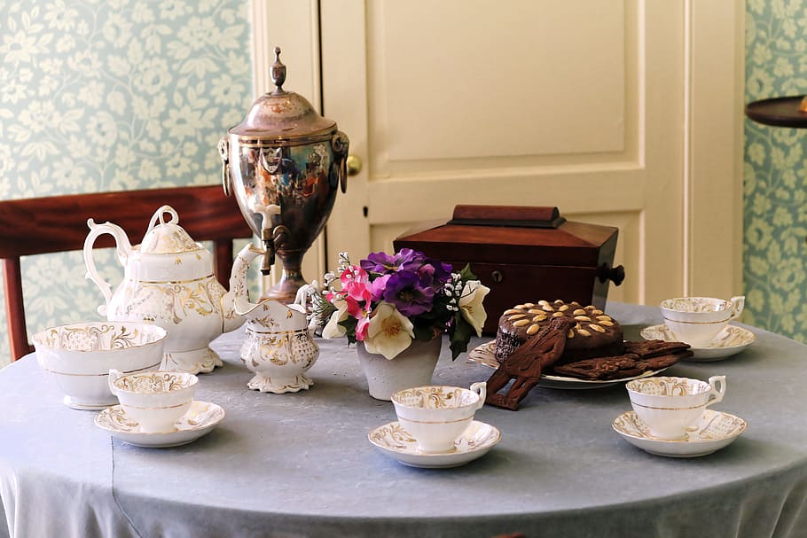 white ceramic tea set, cup, table, teapot, decoration, decorative, HD wallpaper