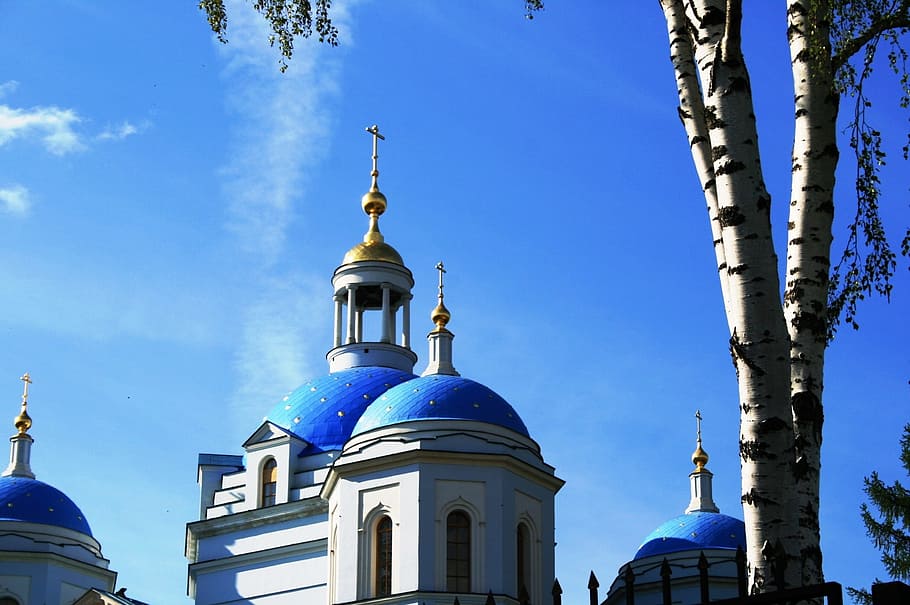 cathedral, church, building, white, blue, domes, arches, golden crosses HD wallpaper