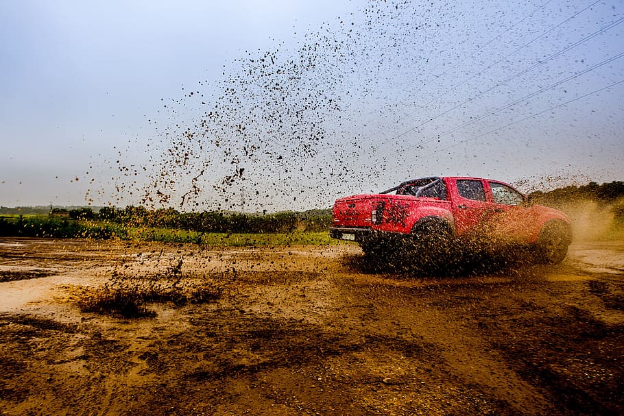 red 4-door truck on mud near trees under cloudy sky, red Mitsubishi Triton crew cab truck on sand, HD wallpaper
