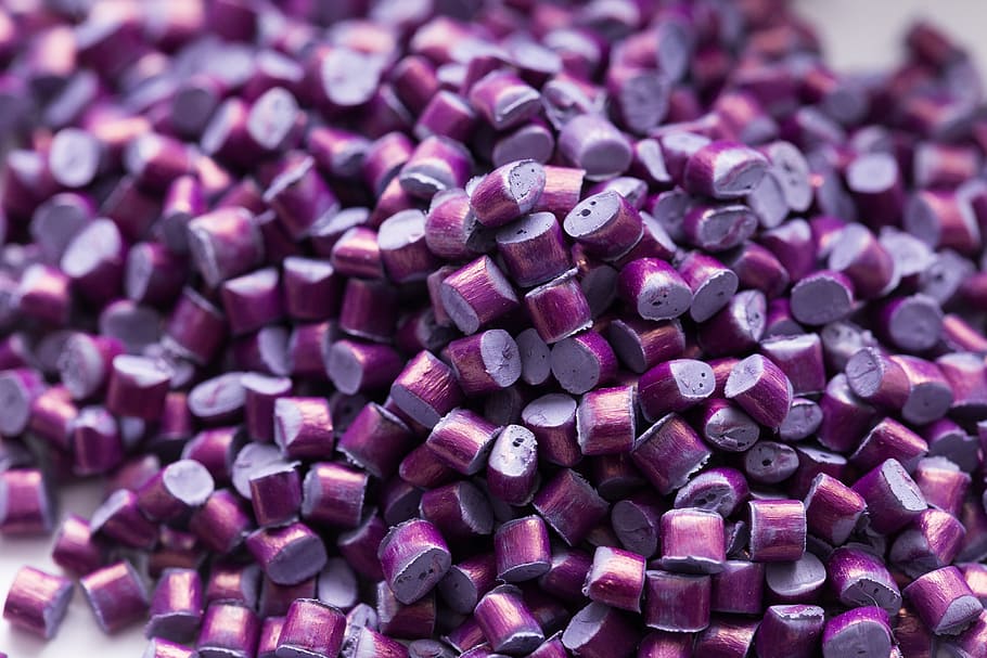 granules, regrind, plastic, macro, purple, large group of objects