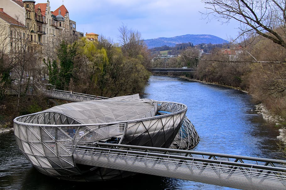 murinsel, metal, architecture, graz, river, bridge, metal construction, HD wallpaper