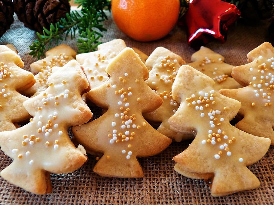 Christmas tree cookies on brown knit textile, christmas cookies