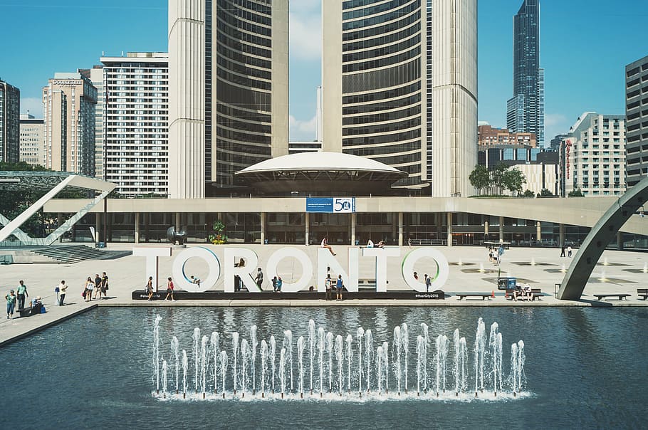 people walking near body of water and high-rise buildings, toronto city hall, HD wallpaper