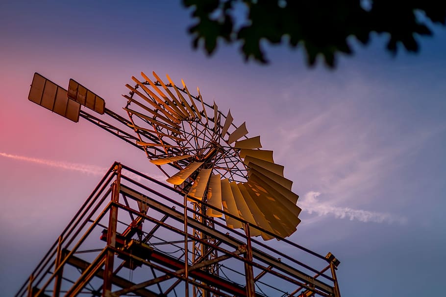 windmill, red, sun, landscape, nature, colorful, sky, architecture HD wallpaper