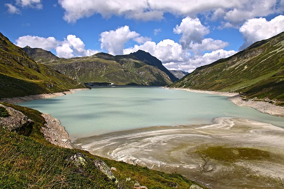 Reservoir, Water, Mountains, silveretta, blue, austria, alpine, HD wallpaper