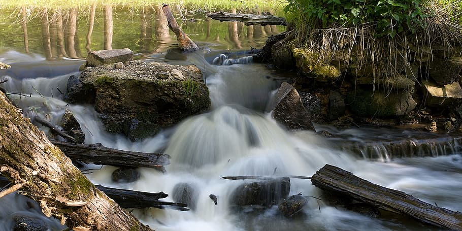 Water, River, Surface, Ruptured, flowing, weir, width, under HD wallpaper