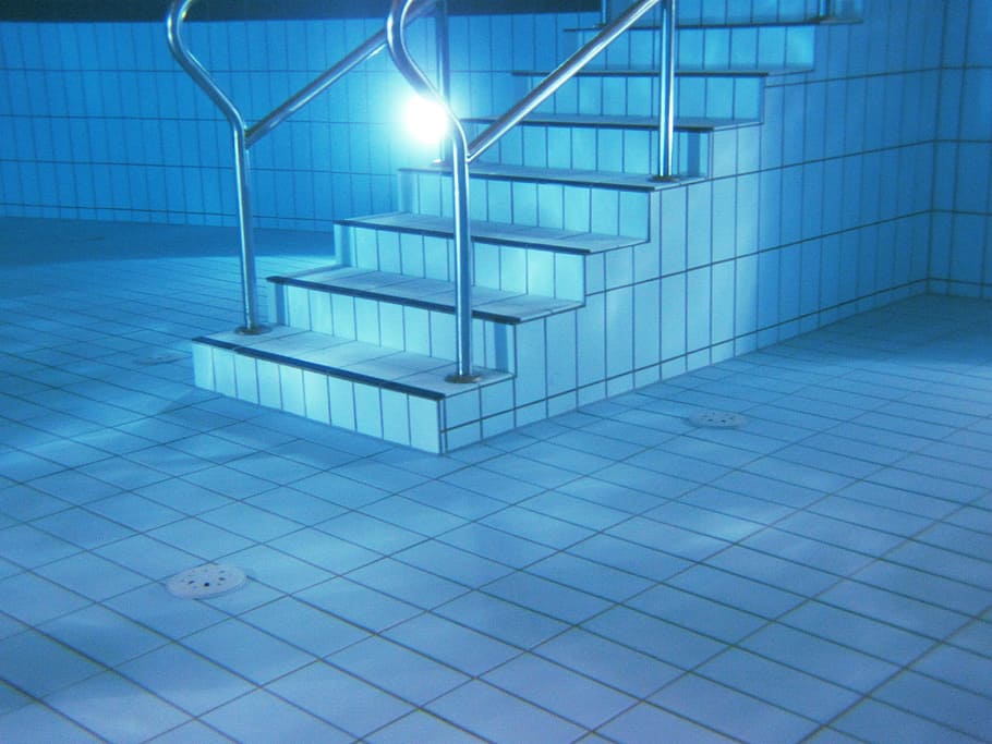 white and gray ceramic tiles swimming pool ladder, blue, bottom, HD wallpaper