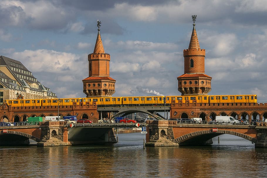 bridge with castle posts at daytime, berlin, spree, oberbaumbrücke