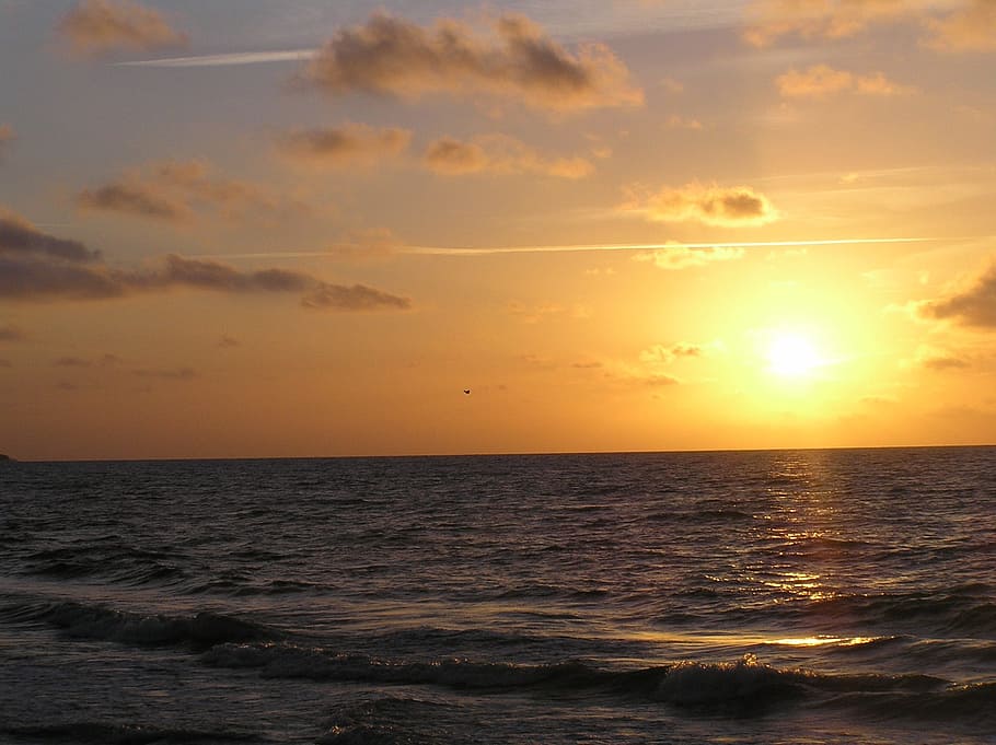 View, Sea, Beach, Cove, Water, Sunset, sky, clouds, nature HD wallpaper