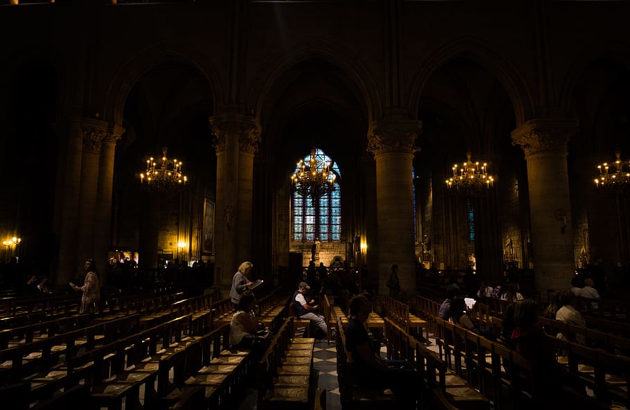 people, lights, building, architecture, arches, cathedral, chairs HD wallpaper