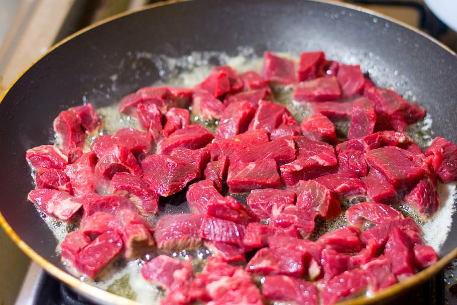 pan seared meat on frying pan, beef, kitchen, cooking, taste HD wallpaper
