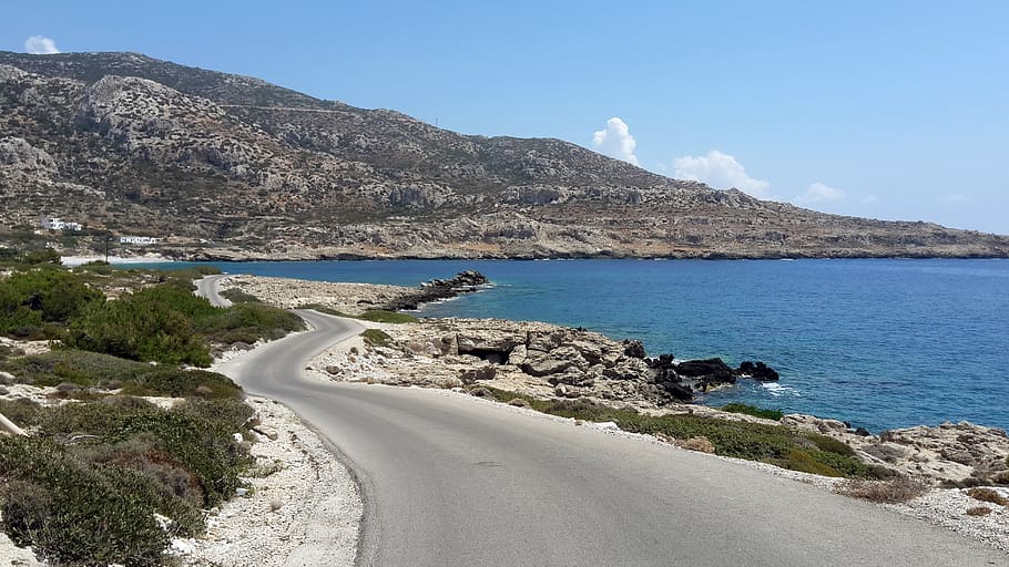 greece, karpathos, kato lefkos, water, mountain, road, beauty in nature, HD wallpaper
