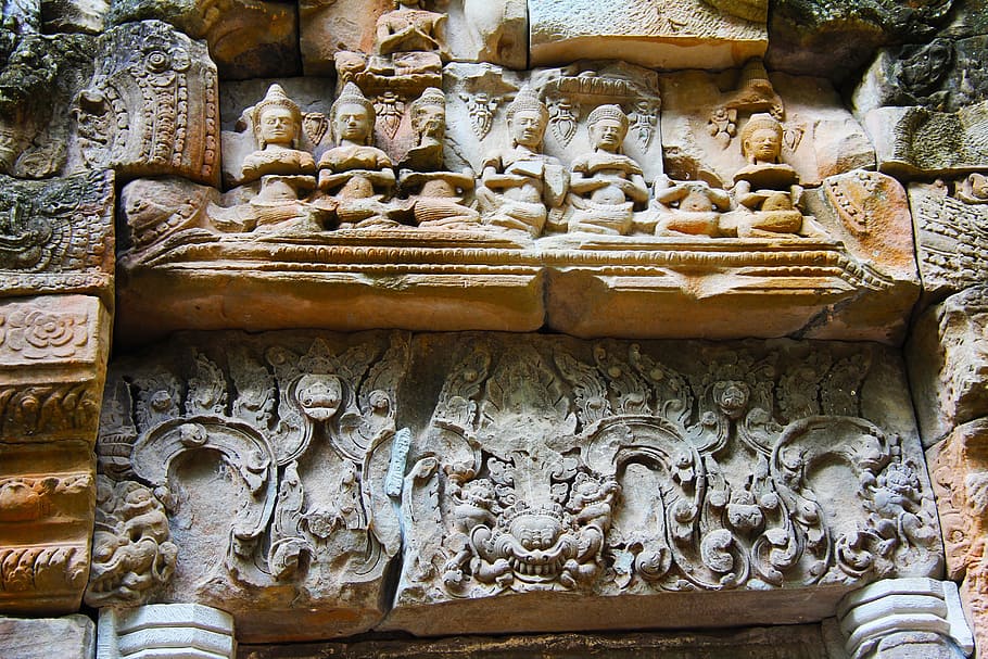 low angle photo of embossed buddha concrete wall, ta prohm temple, HD wallpaper