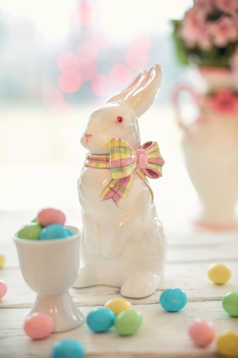 selective focus photography of white rabbit figurine on white surface HD wallpaper