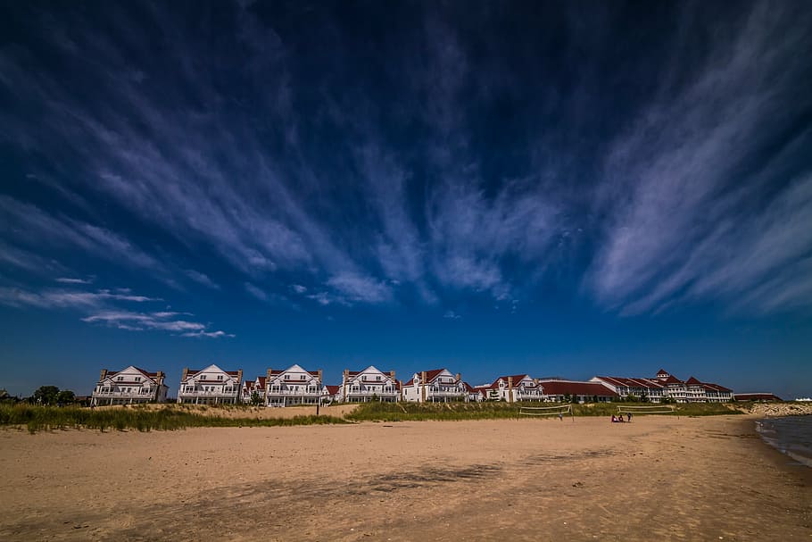 white houses near seashore, blue, sky, clouds, road, street HD wallpaper