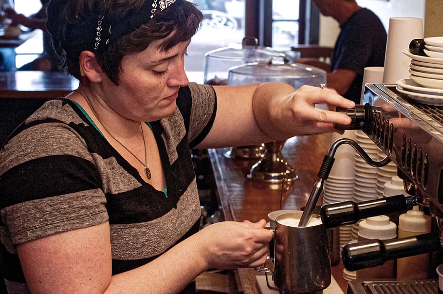 woman using espresso machine, coffee, cafe, coffee shop, barista
