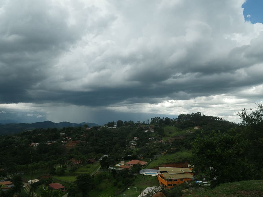rain, cloudy, heavy, cloud - sky, tree, building exterior, plant HD wallpaper