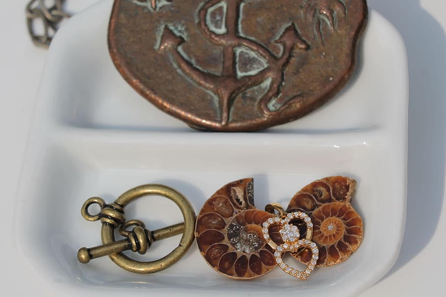 art, craft, beads, necklace, bronze, brown, shell, ammonite, HD wallpaper