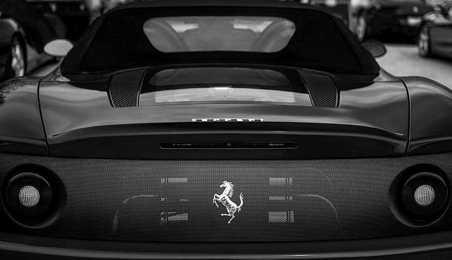 grayscale photography of Ferrari coupe, speed, car, auto, automobile