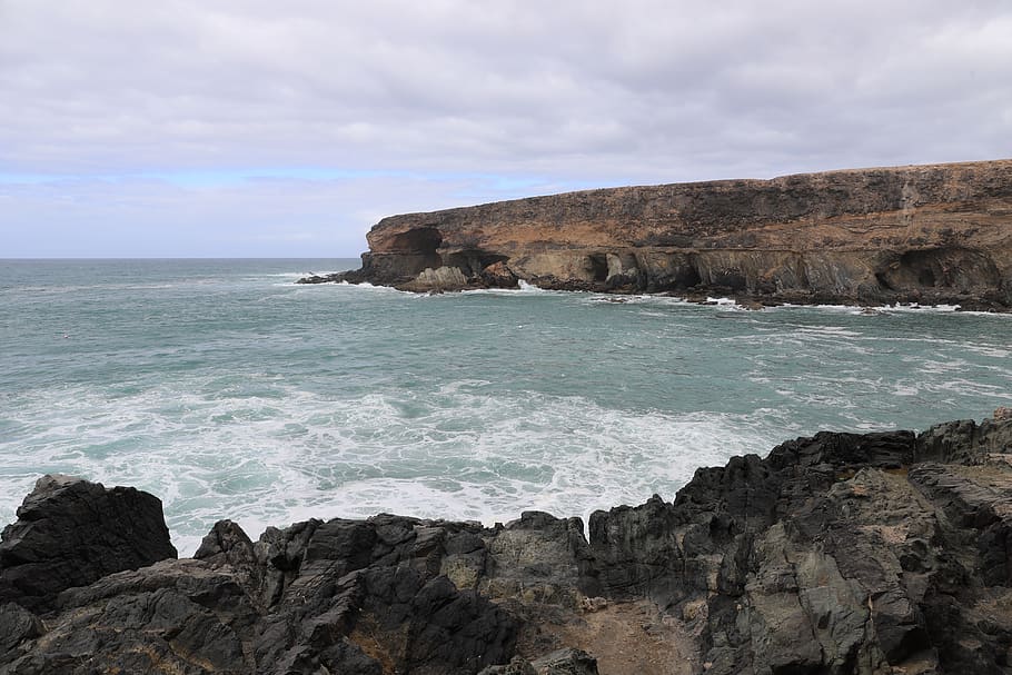 beach, cliffs, sea, rock, water, sky, rock - object, scenics - nature HD wallpaper