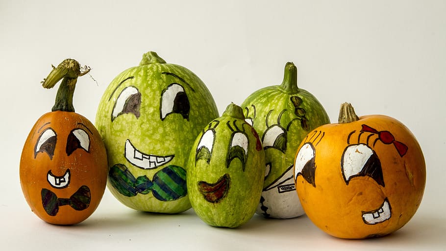 assorted vegetable with face paint, pumpkins, five, fall, halloween HD wallpaper