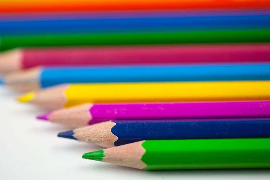 Macro shot of coloured art pencils, various, education, learning