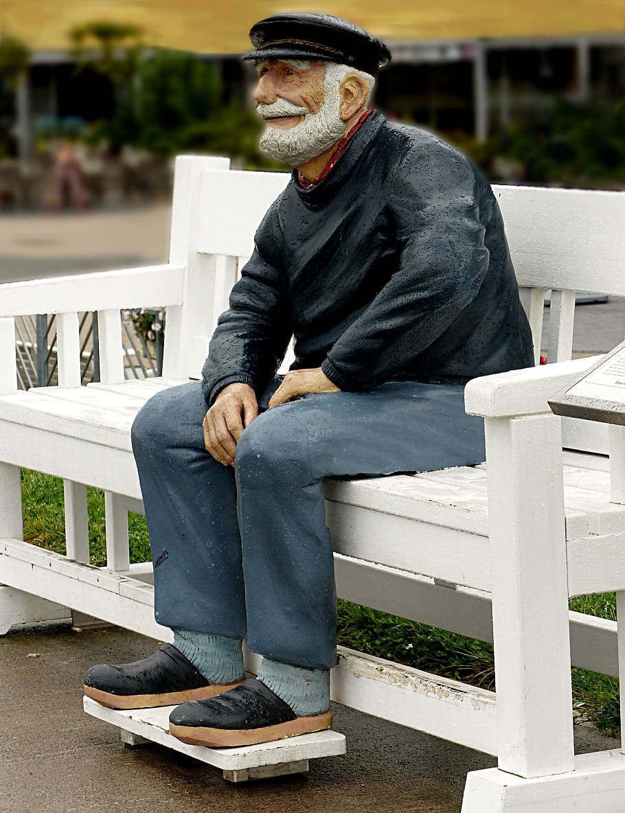 HD wallpaper: man sitting on white wooden bench, statue, person, old man,.....