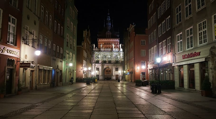 architecture, view, city, poland, gdańsk, night, dark, street, HD wallpaper