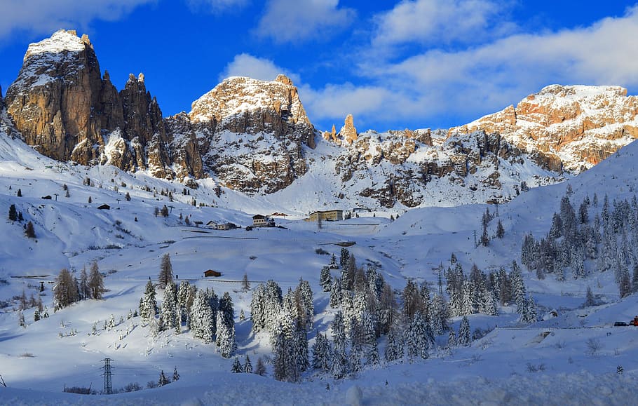 snow-covered land mass on mountainside, alpine, nature, dolomites HD wallpaper