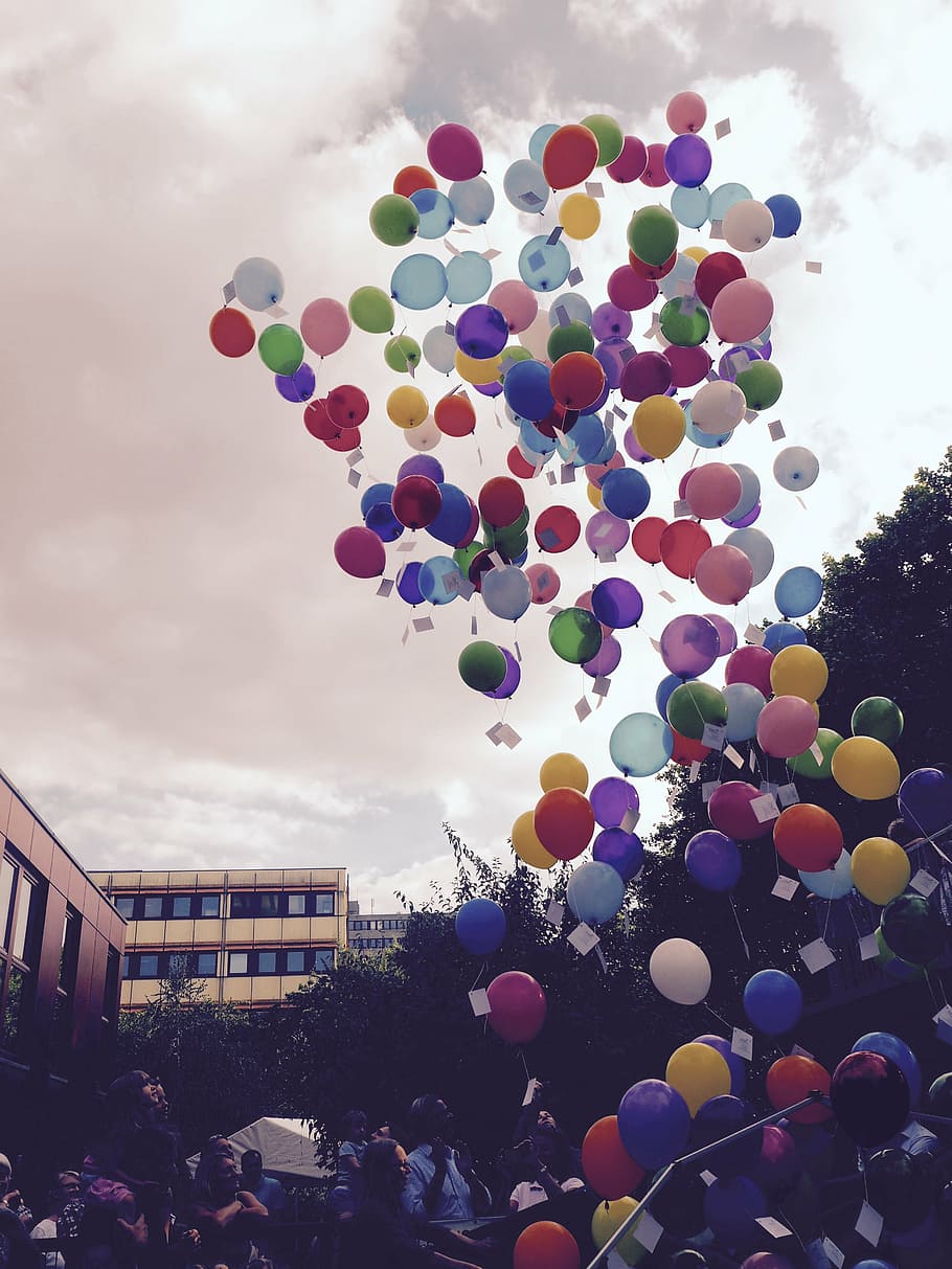 photo of assorted-color inflatable balloons hanged with letters HD wallpaper