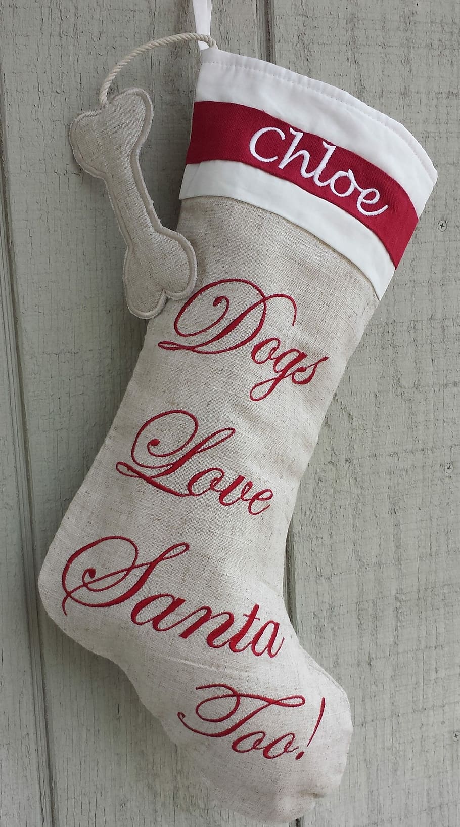 gray and white sock decor, Christmas Stocking, Dog, Holidays