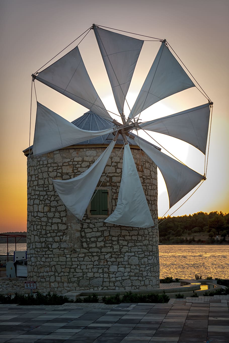 windmill, wing, mediterranean, medulin, koroatien, water, sky HD wallpaper