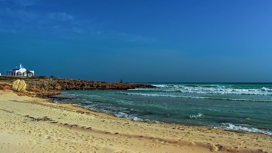 Chapel, Beach, Sea, Waves, Landscape, mediterranean, scenery HD wallpaper