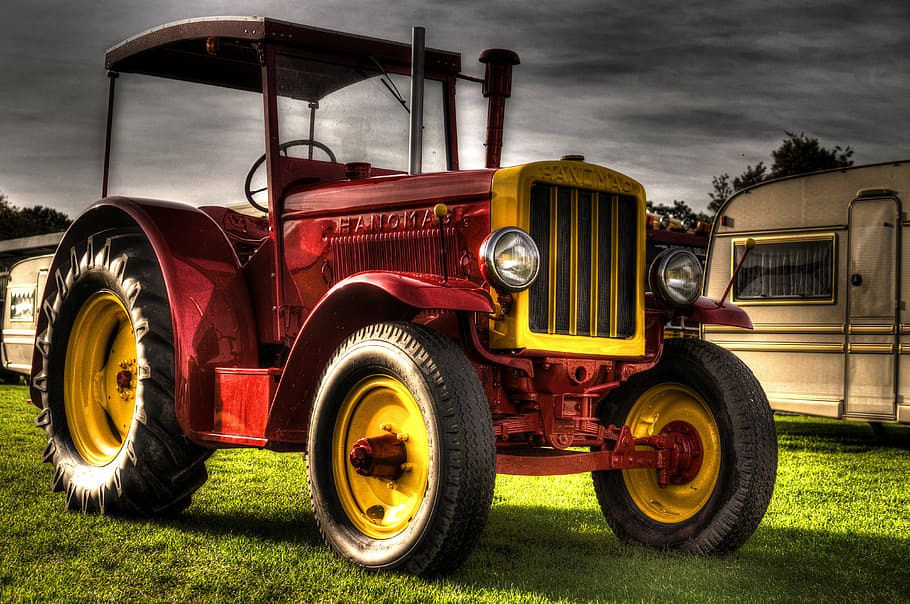 red and yellow tractor placed near travel trailer, hdr, photo HD wallpaper