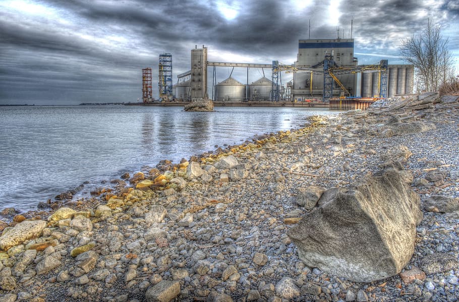 hdr, factory, river, water, cloud - sky, architecture, rock HD wallpaper