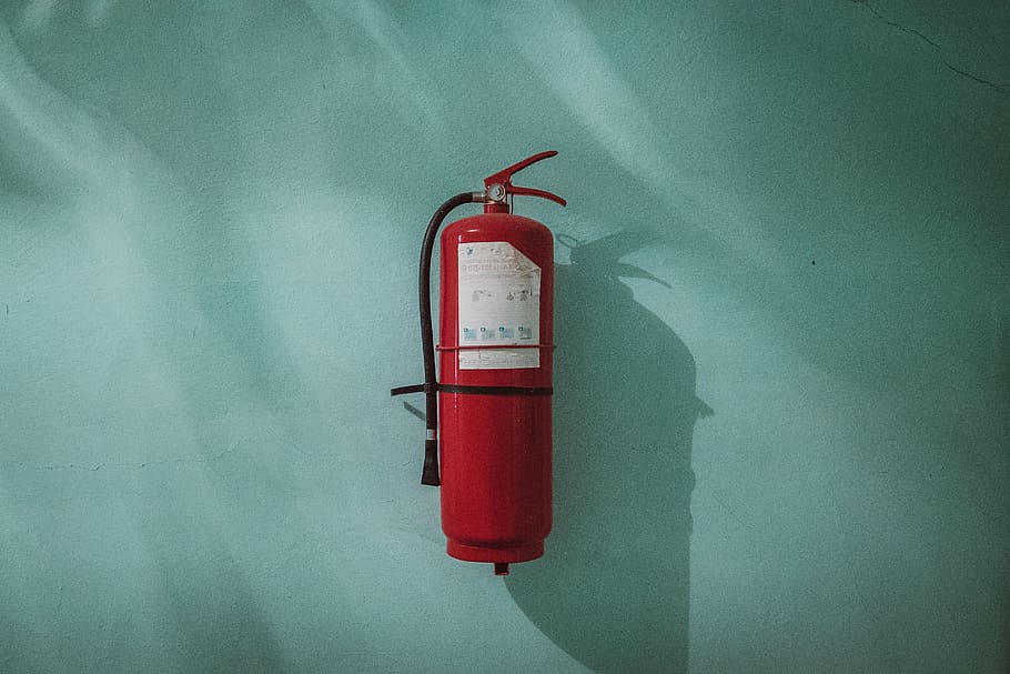 Fire extinguisher on wall, various, red, no people, green color HD wallpaper
