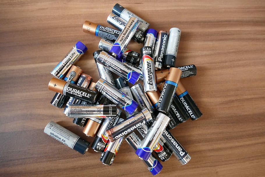 assorted-color batteries on brown wooden top, Cells, Battery, HD wallpaper