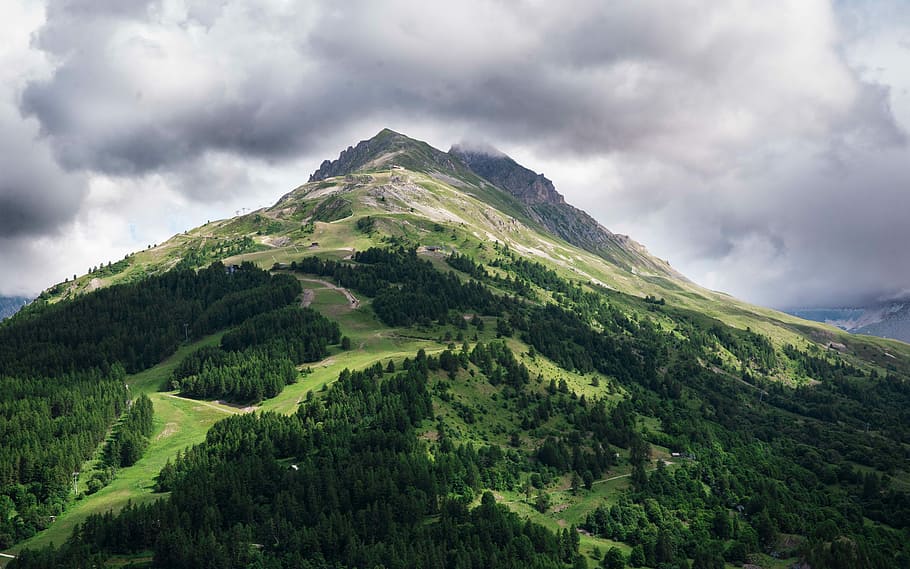 blue mountain under skt, trees on foot of mountain under cloudy sky, HD wallpaper