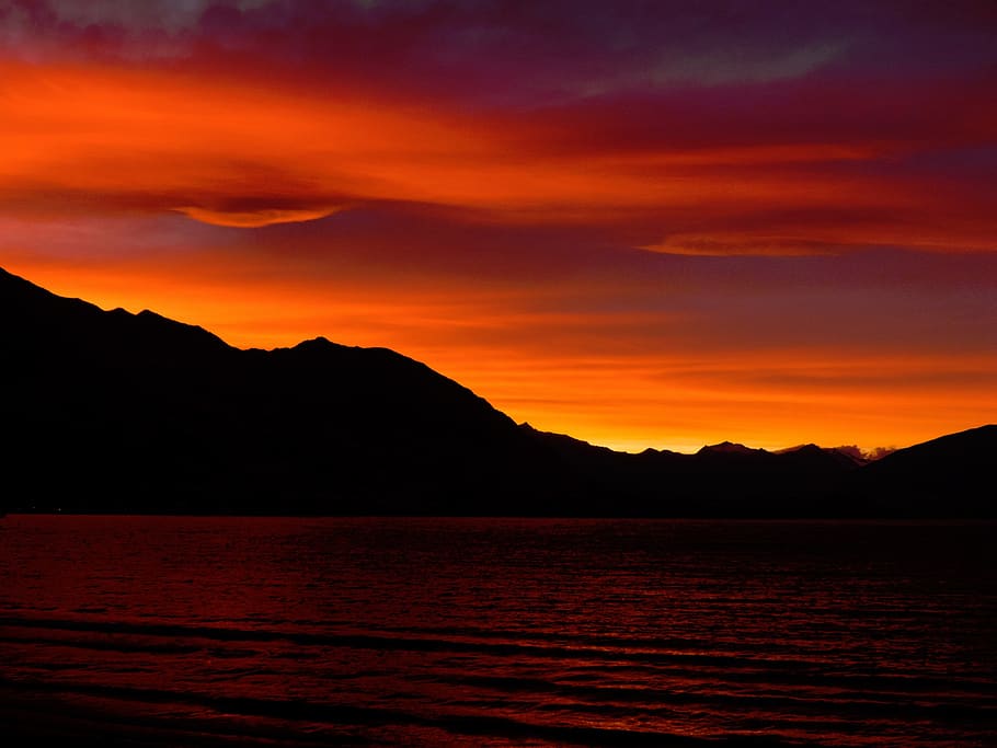 nature, water, mountains, sunset, sky, sea, beauty in nature HD wallpaper
