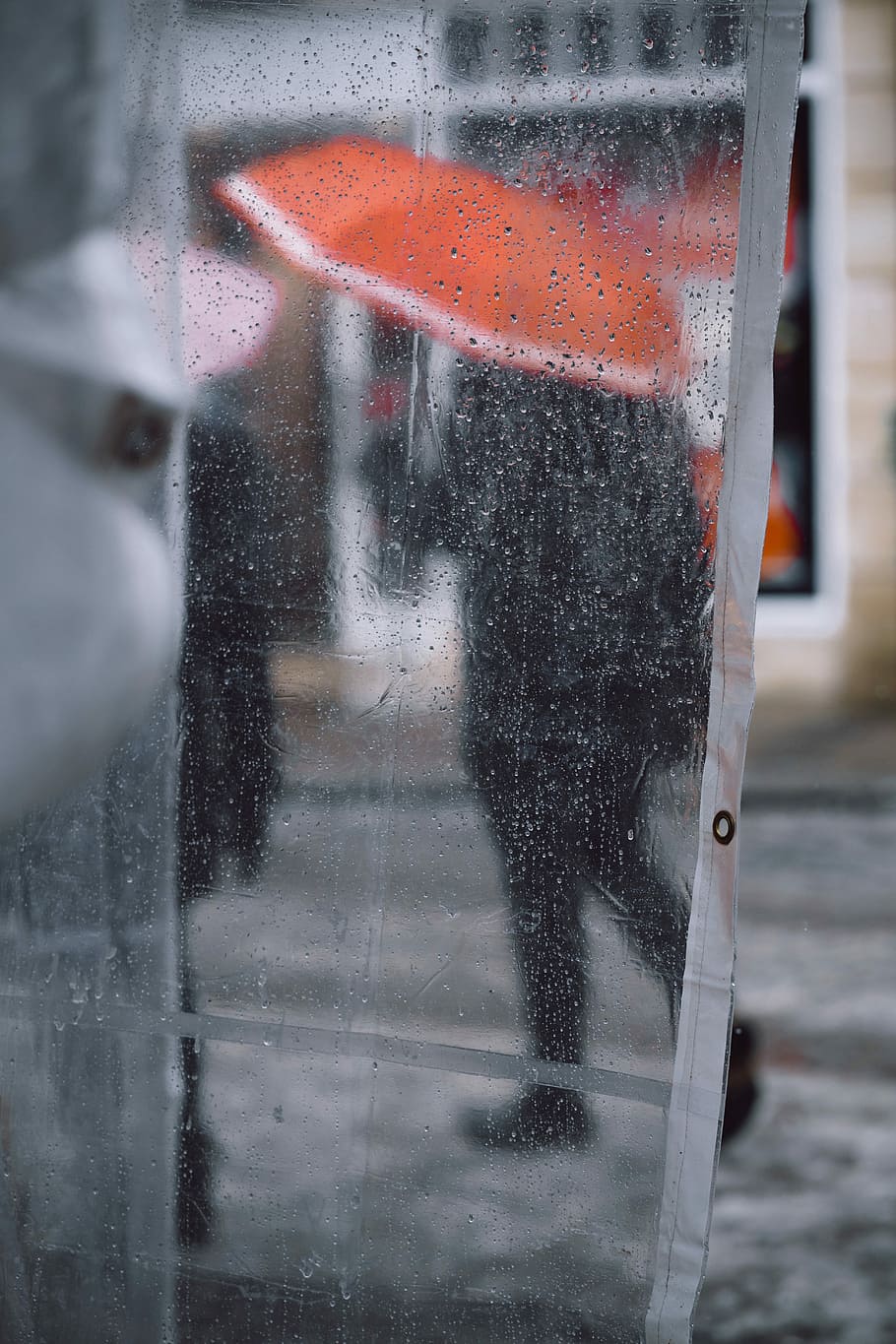 clear plastic coat with water drops showing people using umbrella, person using orange umbrella HD wallpaper
